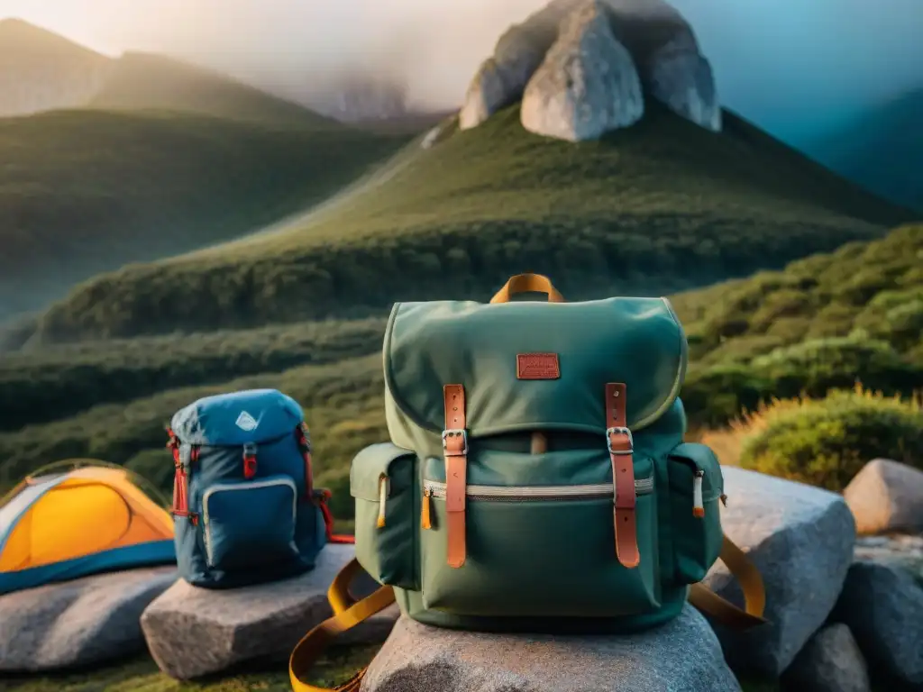 Un escenario impresionante en Uruguay: mochilas técnicas para camping en un paisaje montañoso y boscoso