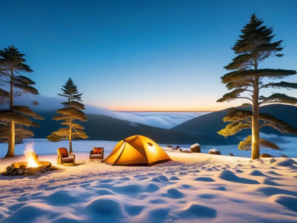 Un escenario invernal mágico de acampar en invierno en Uruguay: tienda iluminada rodeada de árboles nevados y una fogata cálida