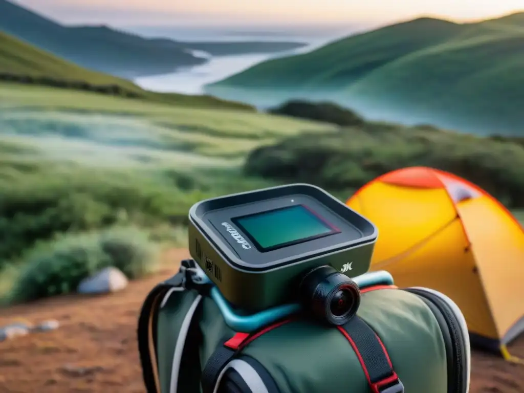 Captura la esencia del camping con cámaras de acción en paisajes naturales de Uruguay al amanecer