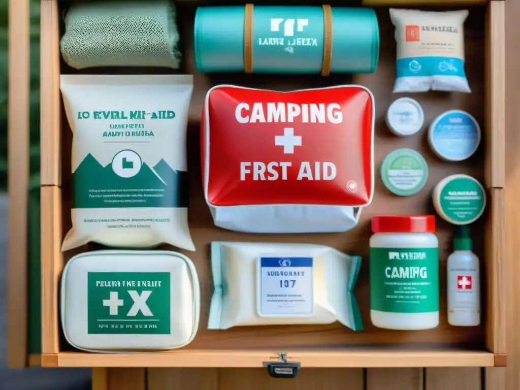 Botiquín camping Uruguay esencial: kit organizado con suministros médicos en mesa de madera, iluminación natural