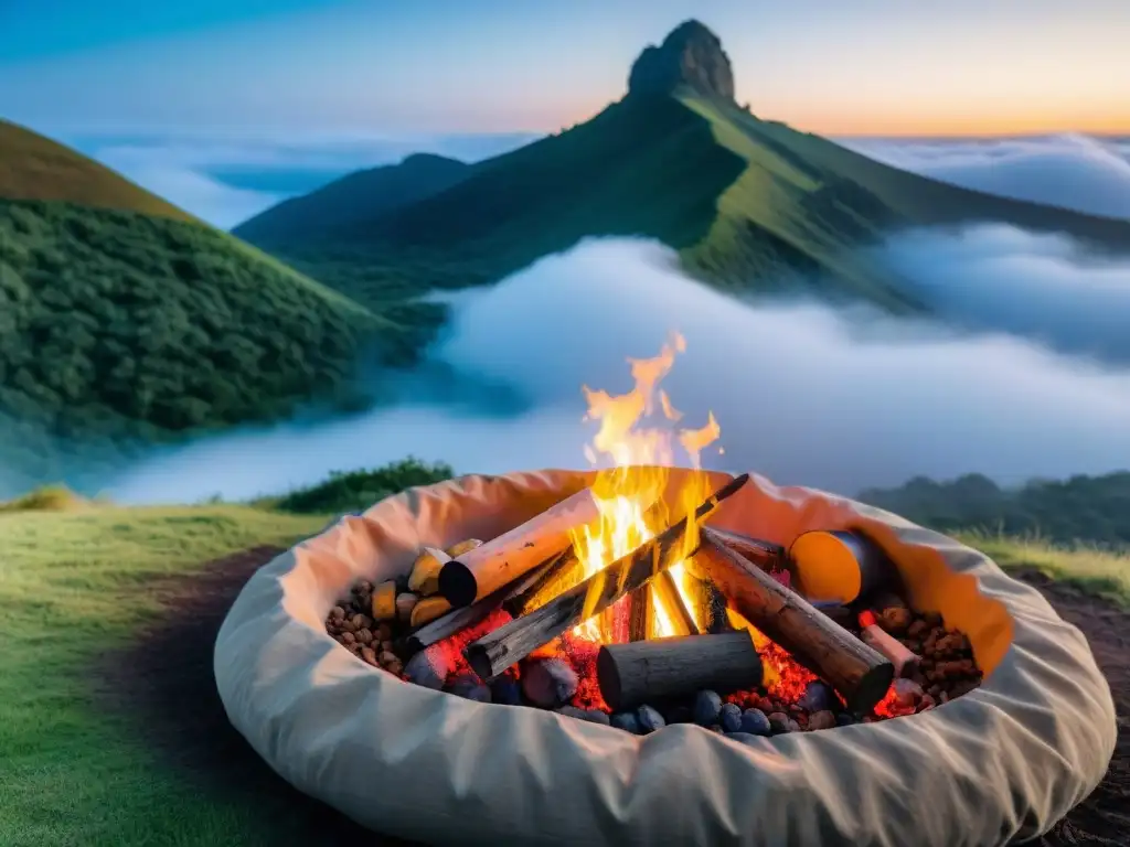 Espectacular amanecer en Cerro Verde, Uruguay, con naturaleza exuberante, cielo naranja y fogata en camping