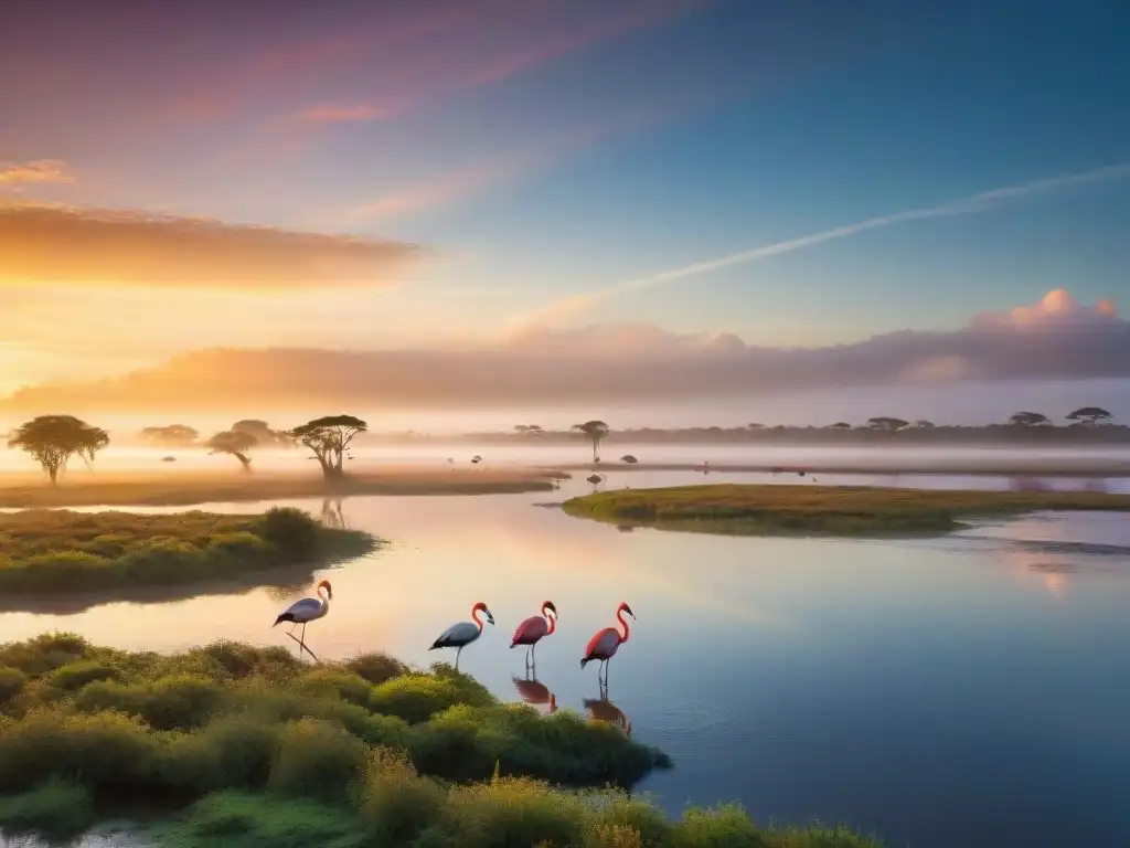 Espectacular amanecer en humedales de Uruguay con fauna silueteada