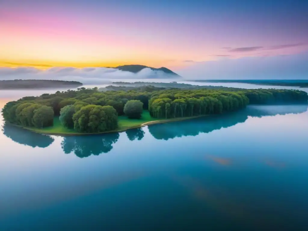 Espectacular amanecer en un lago de Uruguay, con un drone listo para capturar la belleza natural