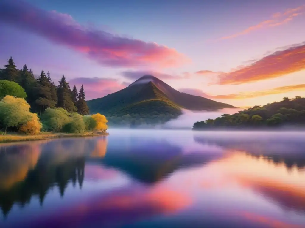 Espectacular amanecer sobre lago en Uruguay, ideal para acampar