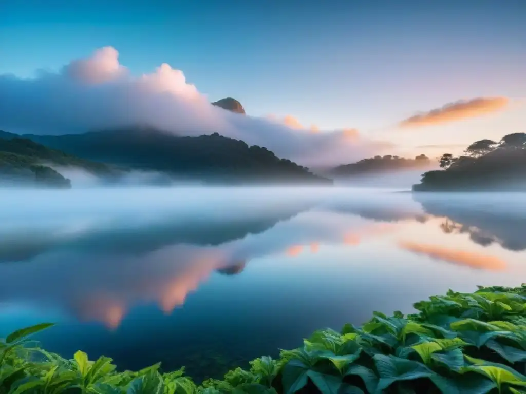 Espectacular amanecer en un lago de Uruguay, rodeado de naturaleza exuberante y neblina, ideal para acampar