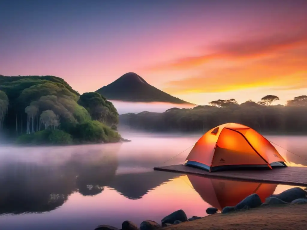 Espectacular amanecer sobre un lago en Uruguay, reflejando tonos naranjas y rosados, rodeado de árboles verdes y una carpa en la orilla