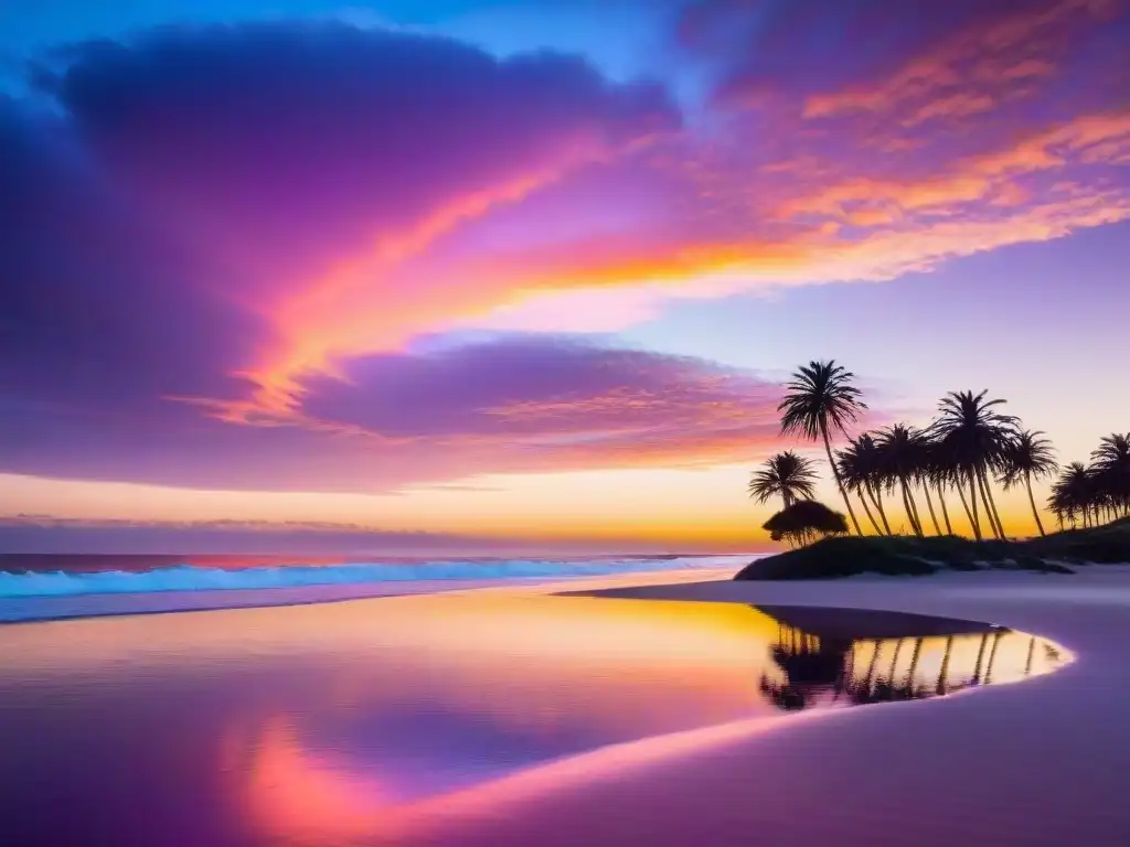 Espectacular amanecer en Playa de la Moza, Punta del Este, con colores rosa, naranja y morado en el cielo