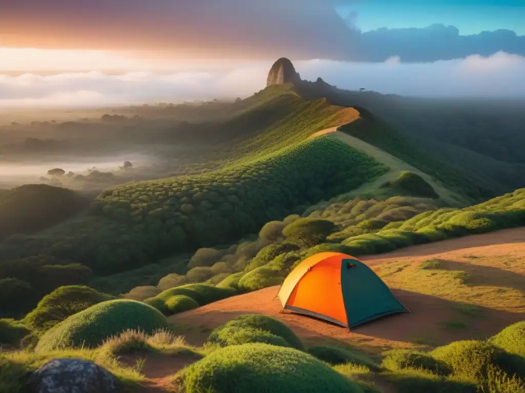 Espectacular amanecer en Quebrada de los Cuervos, con un campamento colorido y un excursionista admirando la vista desde un risco