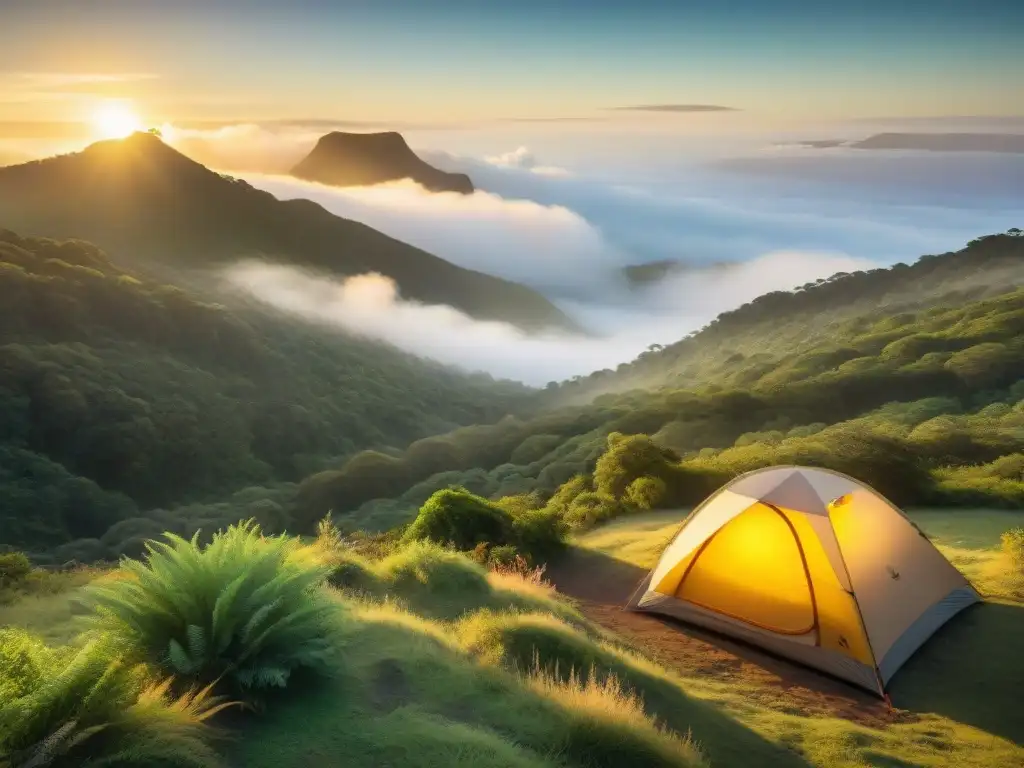 Espectacular amanecer sobre los valles verdes de Cerro Verde en Uruguay, creando una atmósfera serena de camping en la naturaleza