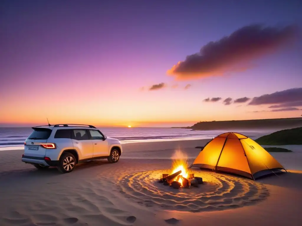 Espectacular atardecer de camping en Uruguay, con la costa rocosa bañada en tonos dorados, hoguera en la playa y gaviotas en el cielo