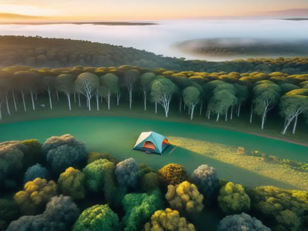 Espectacular atardecer sobre un camping en Uruguay, con drones capturando la vista panorámica