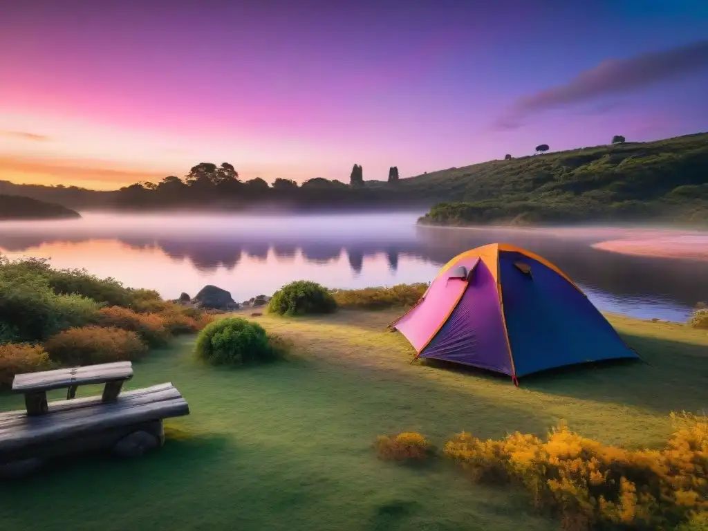 Espectacular atardecer en camping en Uruguay con tienda, fogata y naturaleza