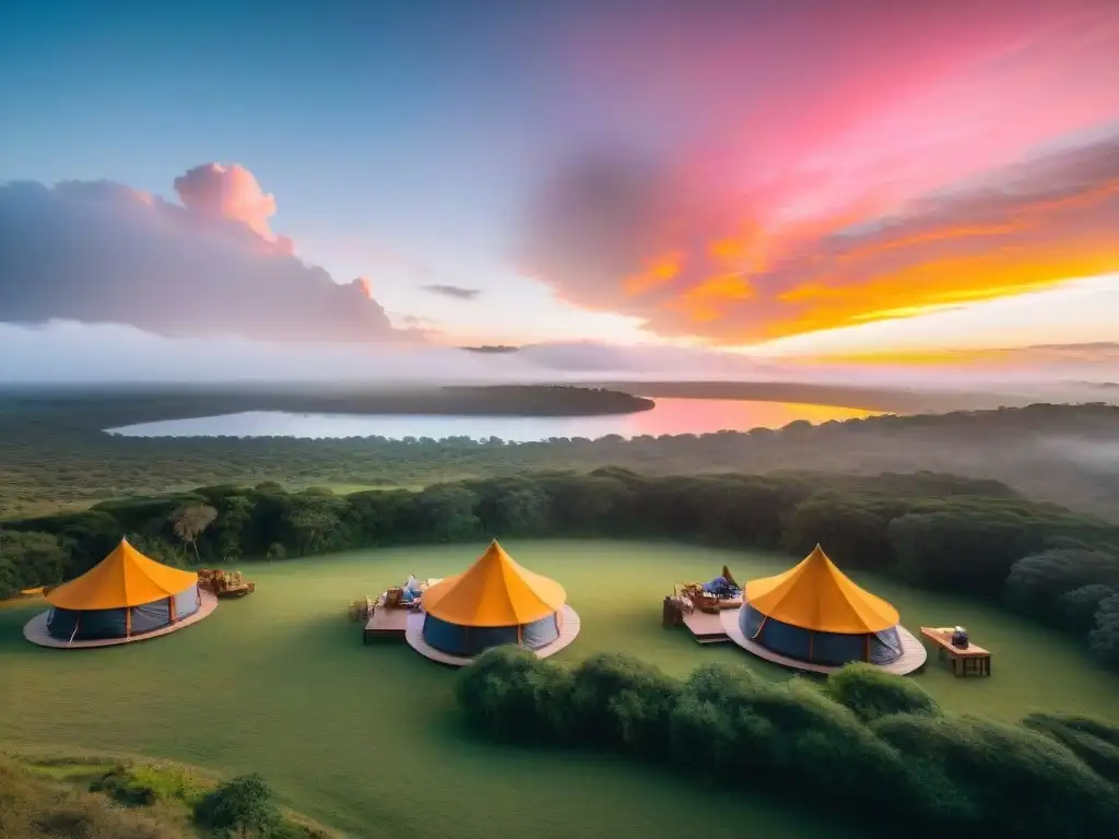 Espectacular atardecer en glamping en Uruguay, tiendas lujosas entre naturaleza, fogata acogedora y huéspedes disfrutando actividades al aire libre