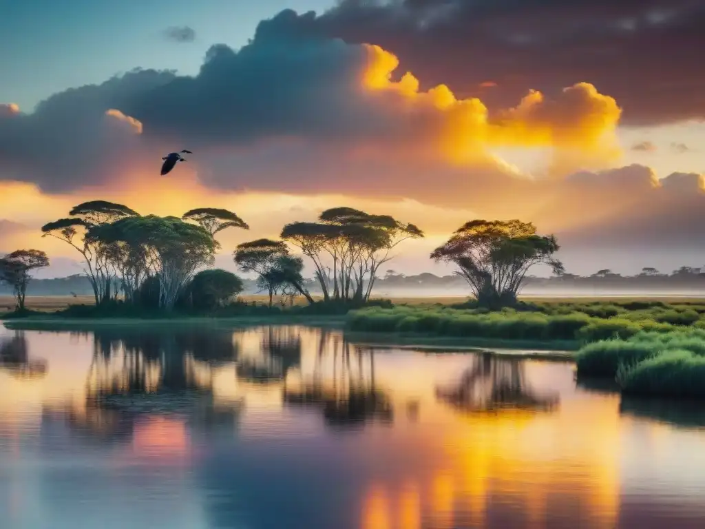 Espectacular atardecer en humedales de Uruguay con aves en vuelo y siluetas de árboles nativos