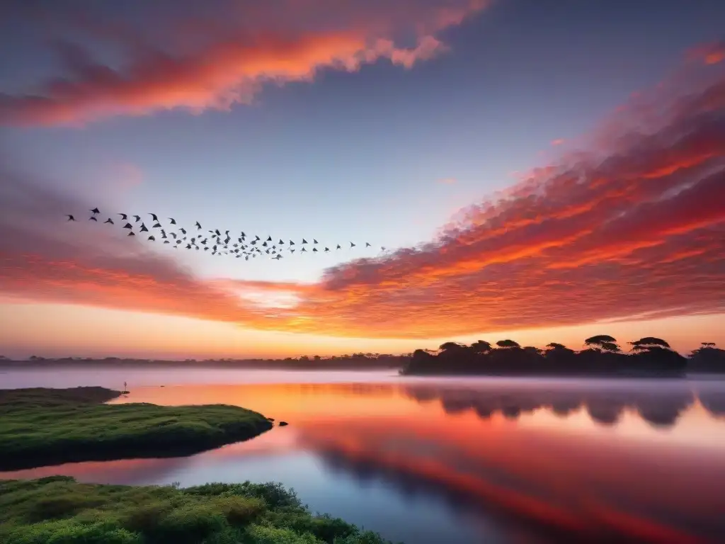 Espectacular atardecer en Uruguay sobre lago con aves y árboles