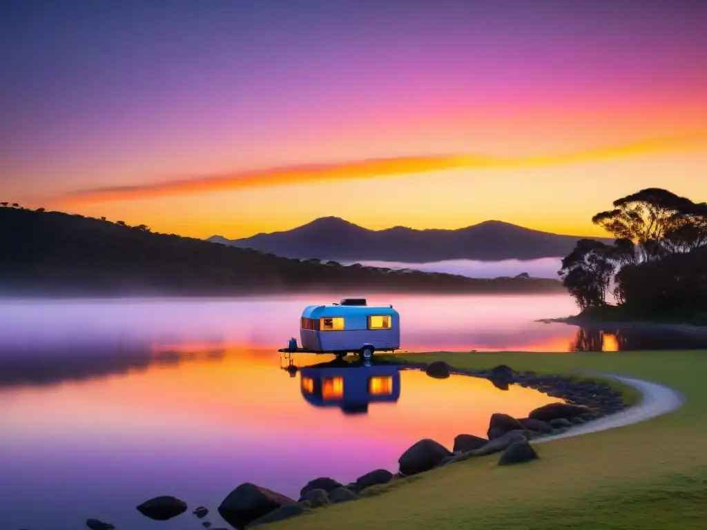 Espectacular atardecer en un lago tranquilo de Uruguay con tonos vibrantes, reflejando un camping en la belleza uruguaya