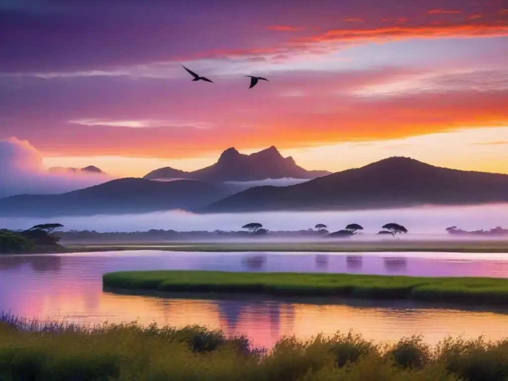 Espectacular atardecer sobre Laguna Garzón en Uruguay, aves nativas en vuelo