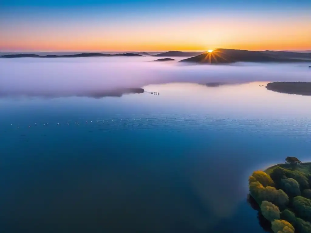 Espectacular atardecer sobre la Laguna Garzón en Uruguay, con flamencos en el horizonte