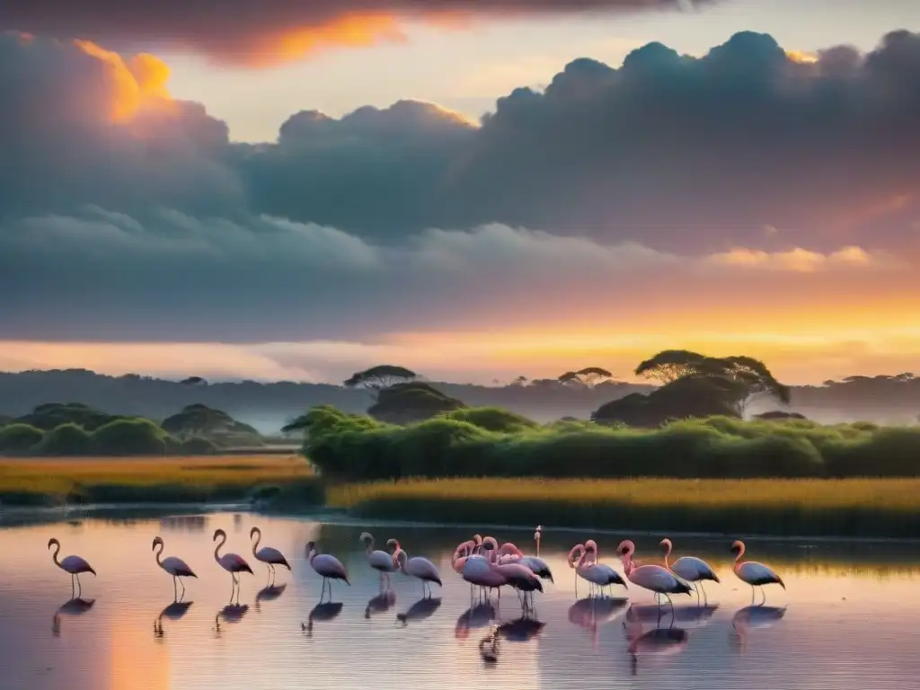 Espectacular atardecer sobre Laguna Garzón en Uruguay, con flamencos y nubes dramáticas