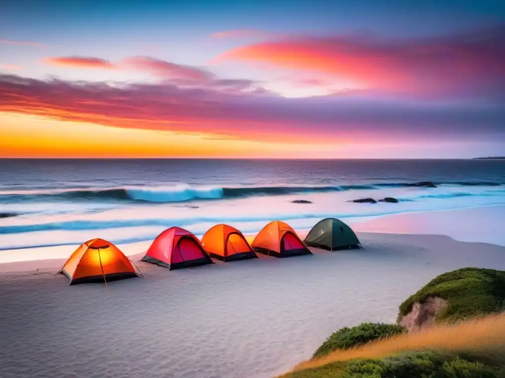 Espectacular atardecer en playa uruguaya con campistas armando tiendas