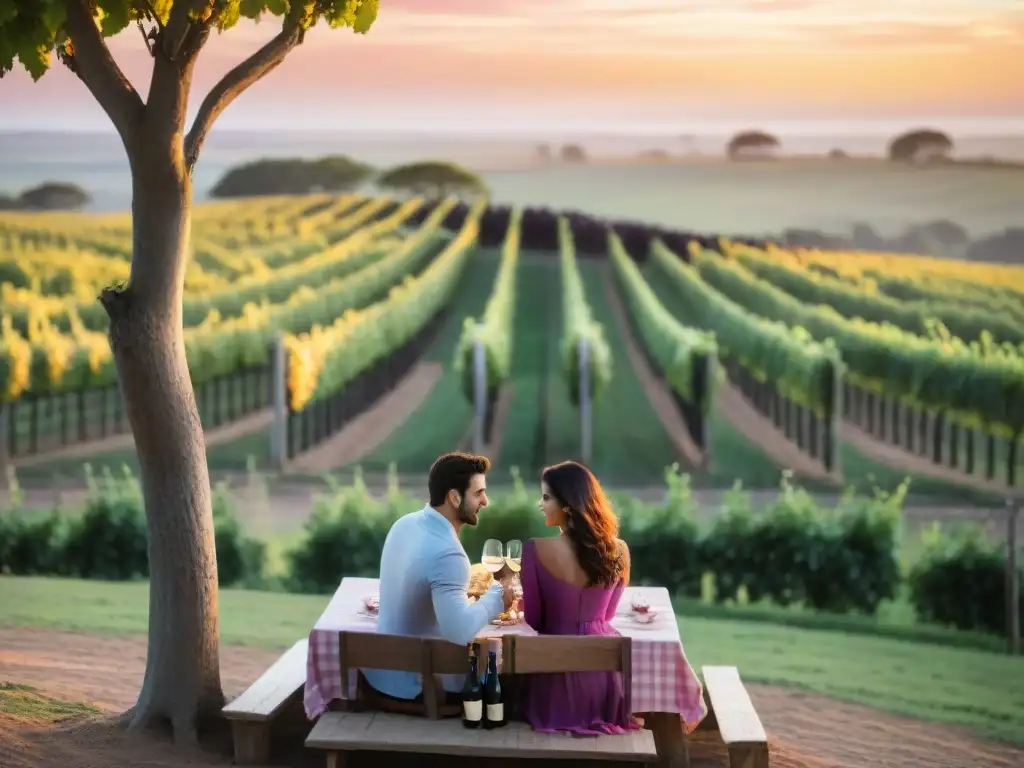 Espectacular atardecer en viñedo de Uruguay, pareja brinda en picnic romántico