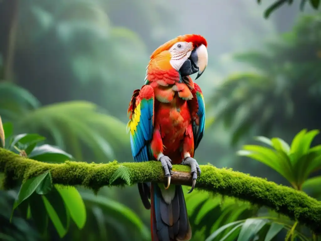 Espectacular guacamayo escarlata en rama, plumaje vibrante iluminado por el sol poniente sobre la exuberante selva