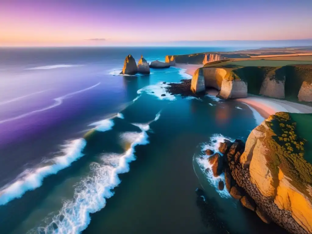 Espectacular vista aérea de la costa uruguaya al atardecer con un drone capturando la belleza natural