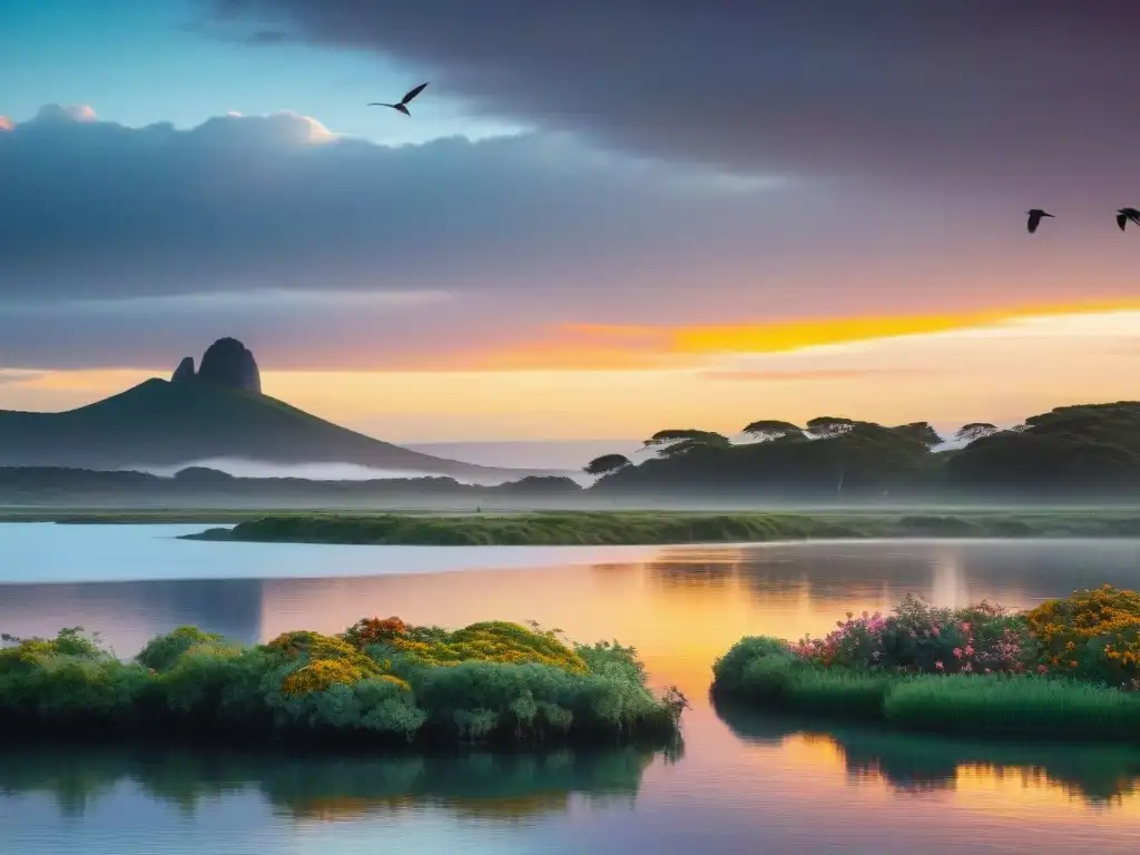 Espléndido amanecer sobre Laguna Garzón, Uruguay, con aves nativas en el horizonte y exuberante vegetación