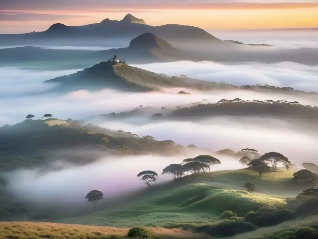 Espléndido amanecer sobre el Parque Nacional Quebrada de los Cuervos en Uruguay, con tonos rosados y verdes