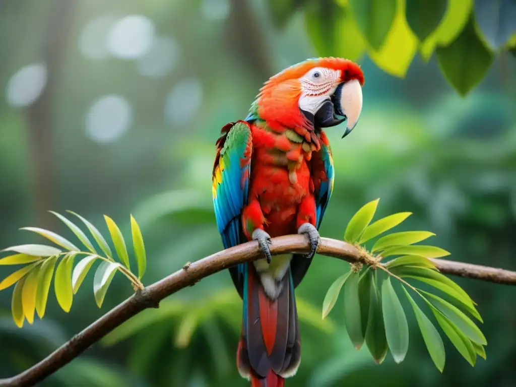 Espléndido guacamayo escarlata en un árbol verde exuberante, en senderos observación aves Uruguay