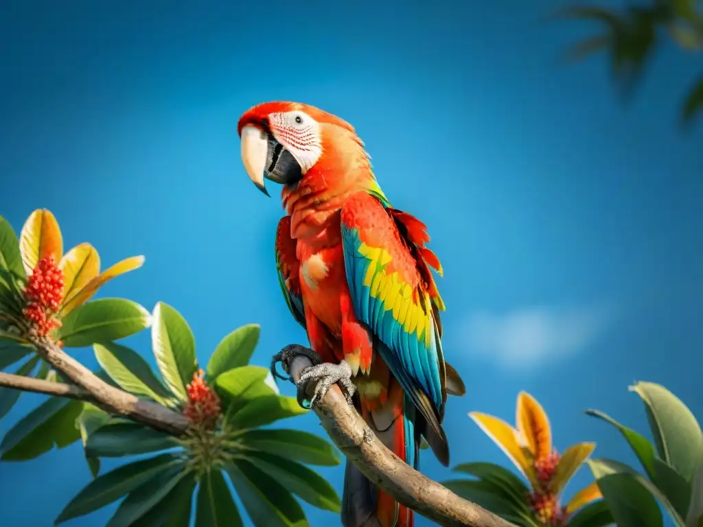 Espléndido Guacamayo Escarlata en rama verde, plumaje colorido y mirada intensa bajo cielo azul