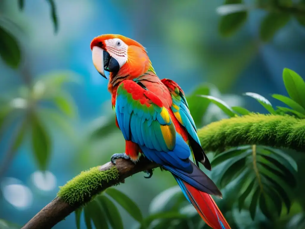 Esplendor natural: Detalle de plumaje vibrante de guacamayo escarlata en selva tropical