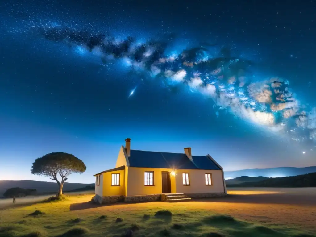 Observar estrellas en el cielo de Uruguay con la majestuosa Vía Láctea y constelaciones como Orión y la Cruz del Sur sobre una casa de campo uruguaya