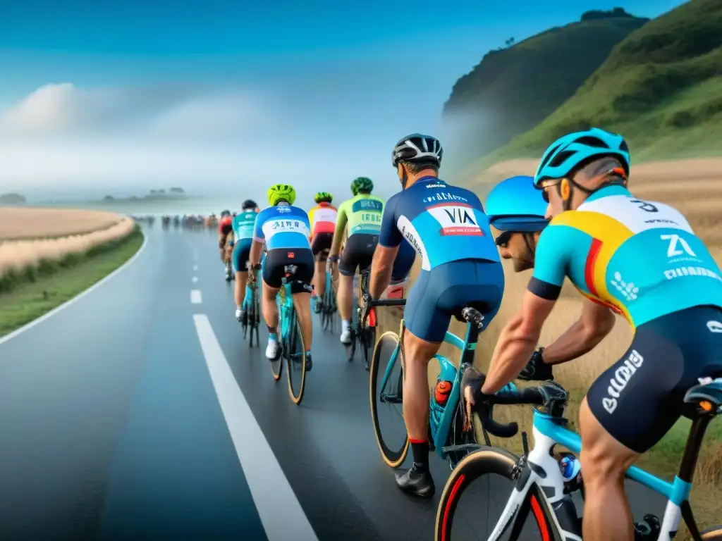 Un evento de ciclismo en Uruguay: ciclistas de todas las edades pedalean junto al mar mientras la comunidad los anima con pancartas 'Viva el Ciclismo'