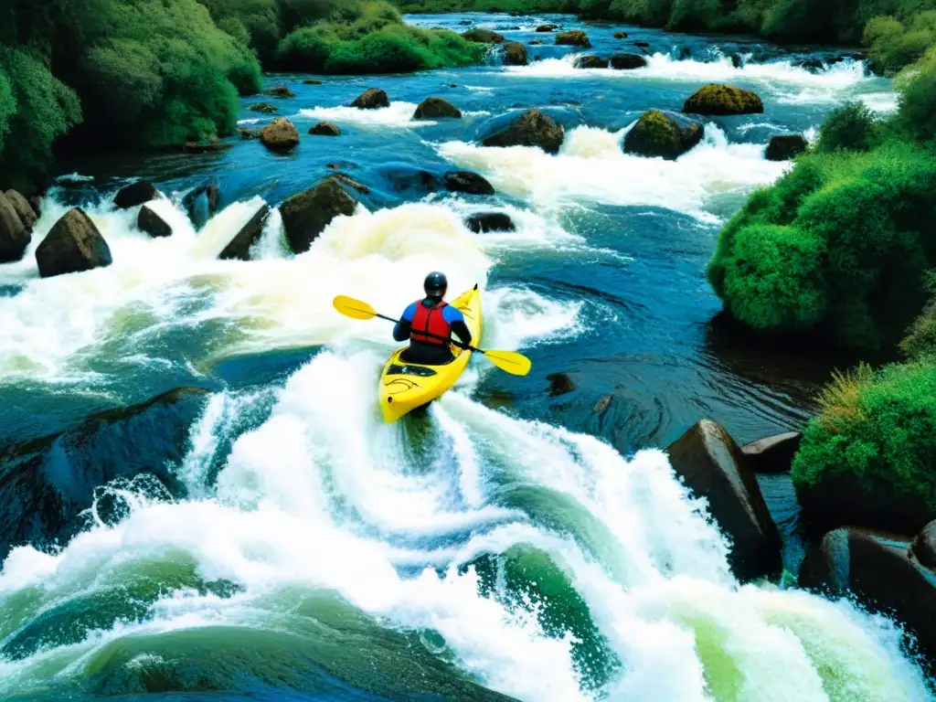 Excitante paquete turismo aventura Uruguay: turistas en kayak desafiando rápidos rodeados de vegetación exuberante