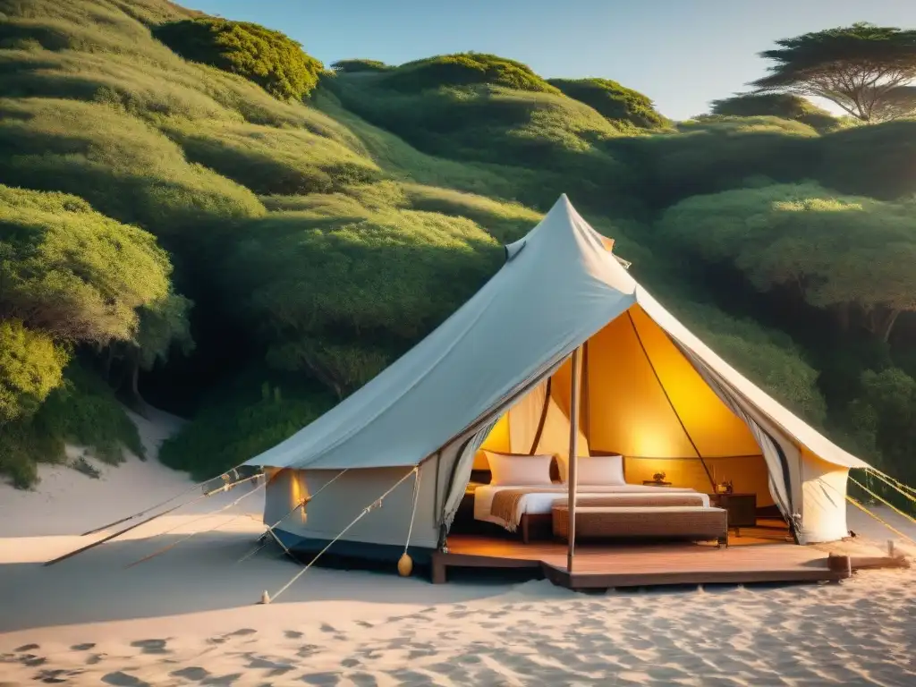 Exclusivo camping en Uruguay: lujosa carpa glamping frente al mar al atardecer, con detalles elegantes y naturaleza exuberante