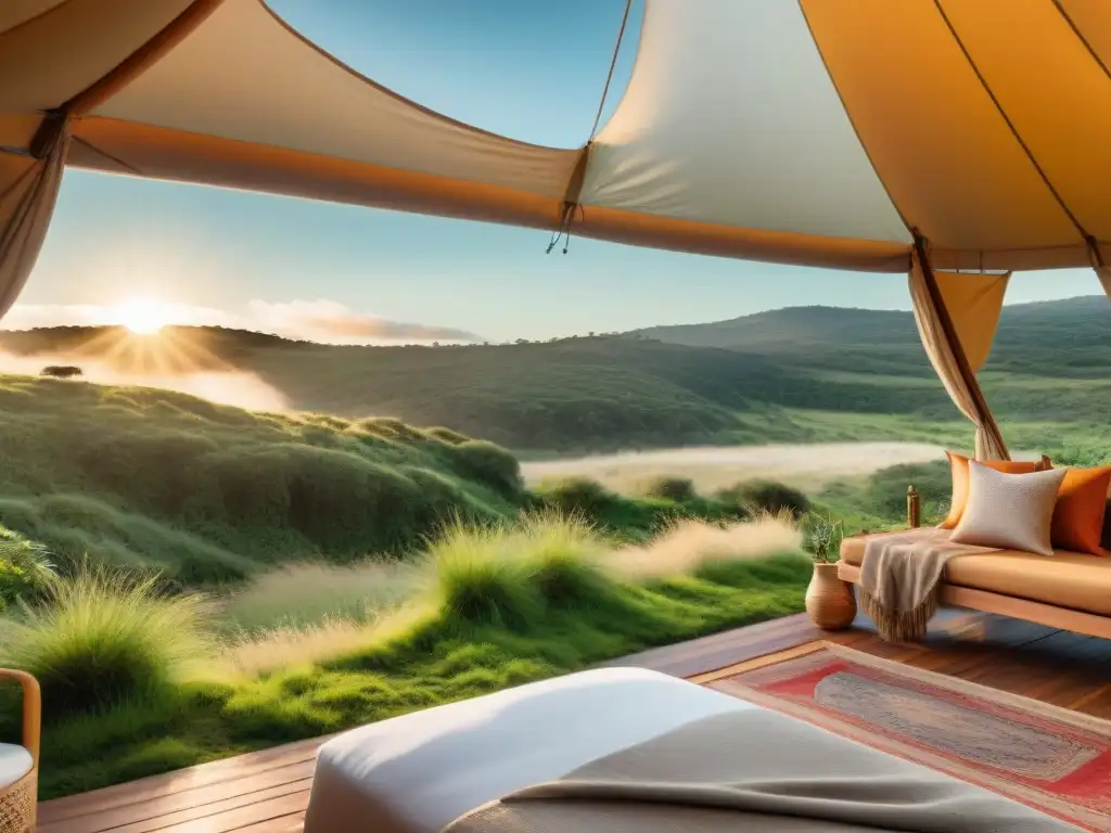 Un exclusivo glamping ecológico en Uruguay: carpa sostenible entre naturaleza exuberante, arroyo y atardecer dorado