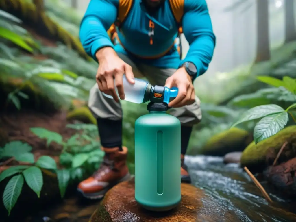 Un excursionista purifica agua en un hermoso bosque usando un filtro portátil