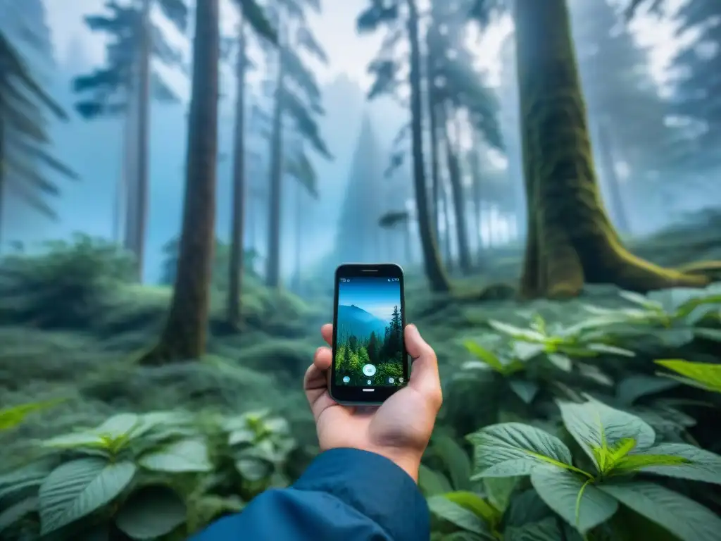 Un excursionista en un bosque verde, con GPS y smartphone, fusionando tecnología y naturaleza