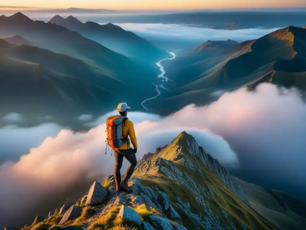 Un excursionista en la cima de una montaña con un GPS, mirando el paisaje vasto al atardecer