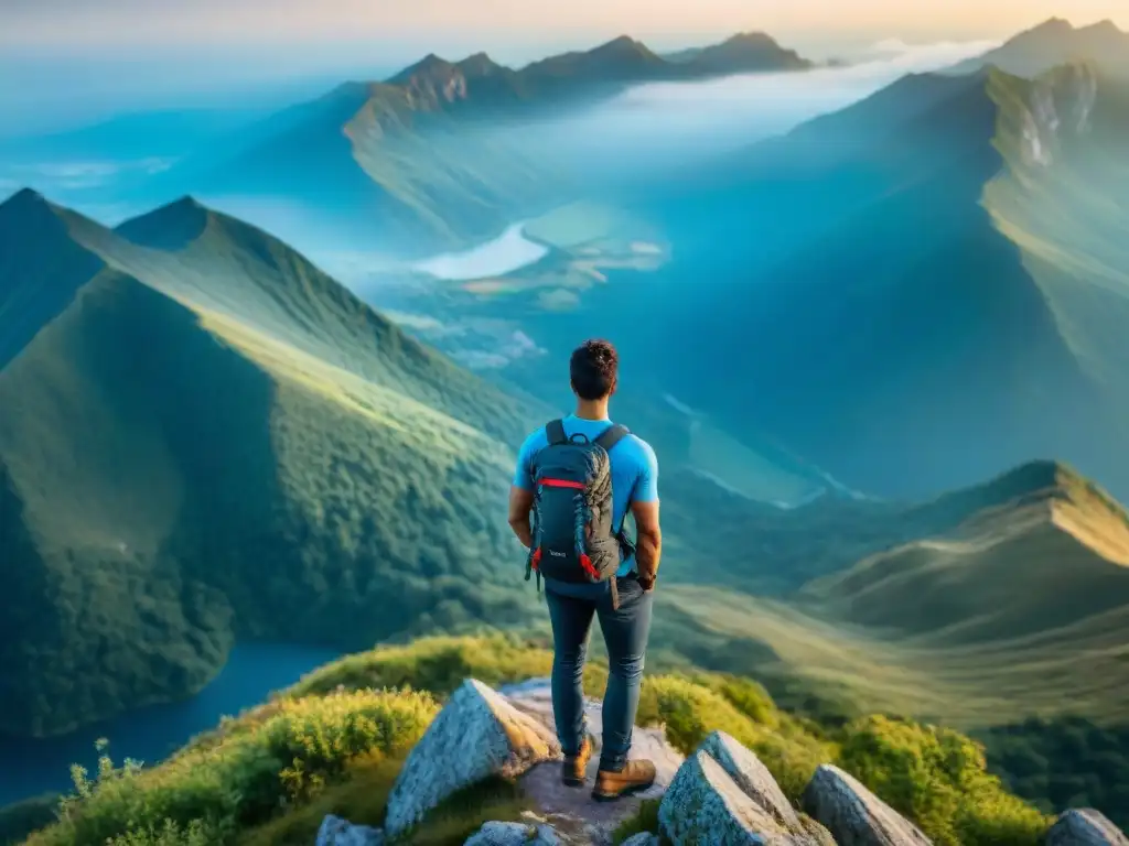 Un excursionista en la cima de la montaña con rastreadores de actividad para camping, disfrutando de la vista panorámica