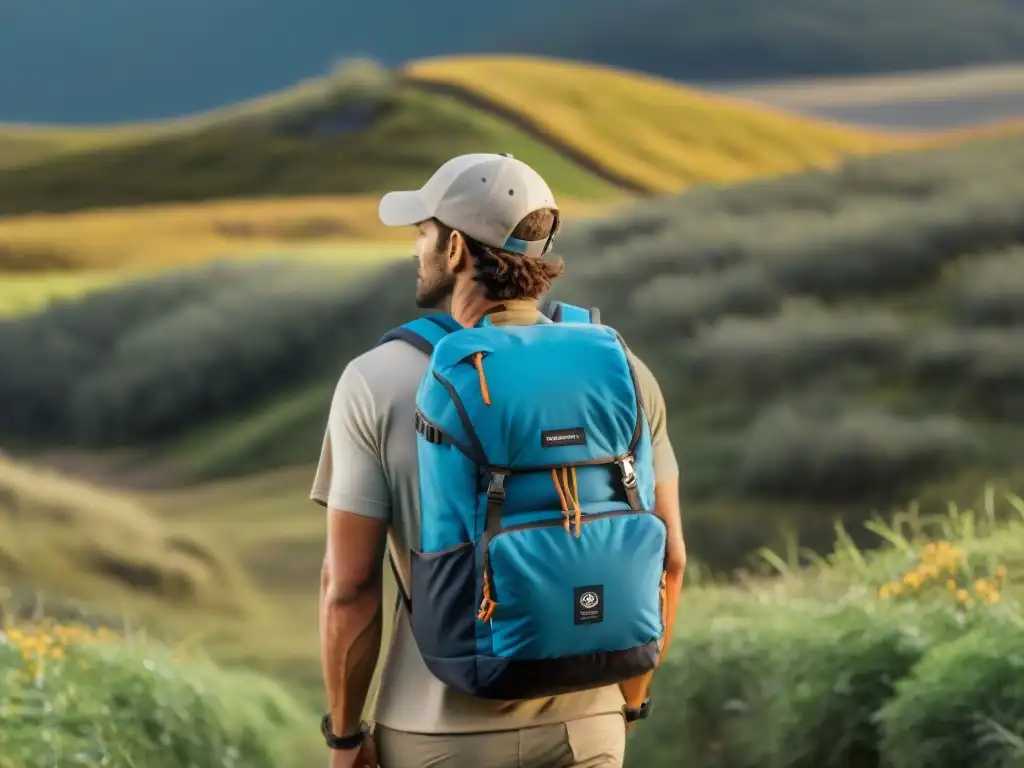 Un excursionista recorriendo la exuberante naturaleza de Uruguay con una mochila técnica de diseño innovador