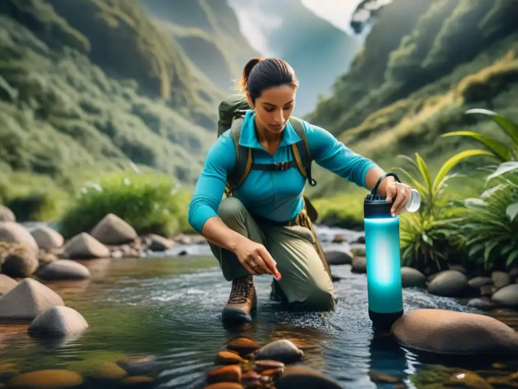 Un excursionista llenando un filtro de agua portátil en un arroyo cristalino en la exuberante naturaleza de Uruguay