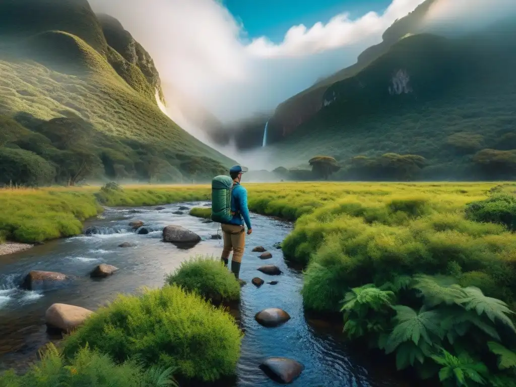 Un excursionista en Uruguay usa un filtro de agua portátil junto a un arroyo cristalino