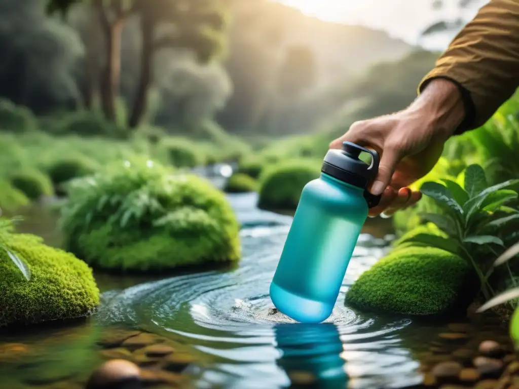 Un excursionista llena su botella de agua en un arroyo cristalino en Uruguay