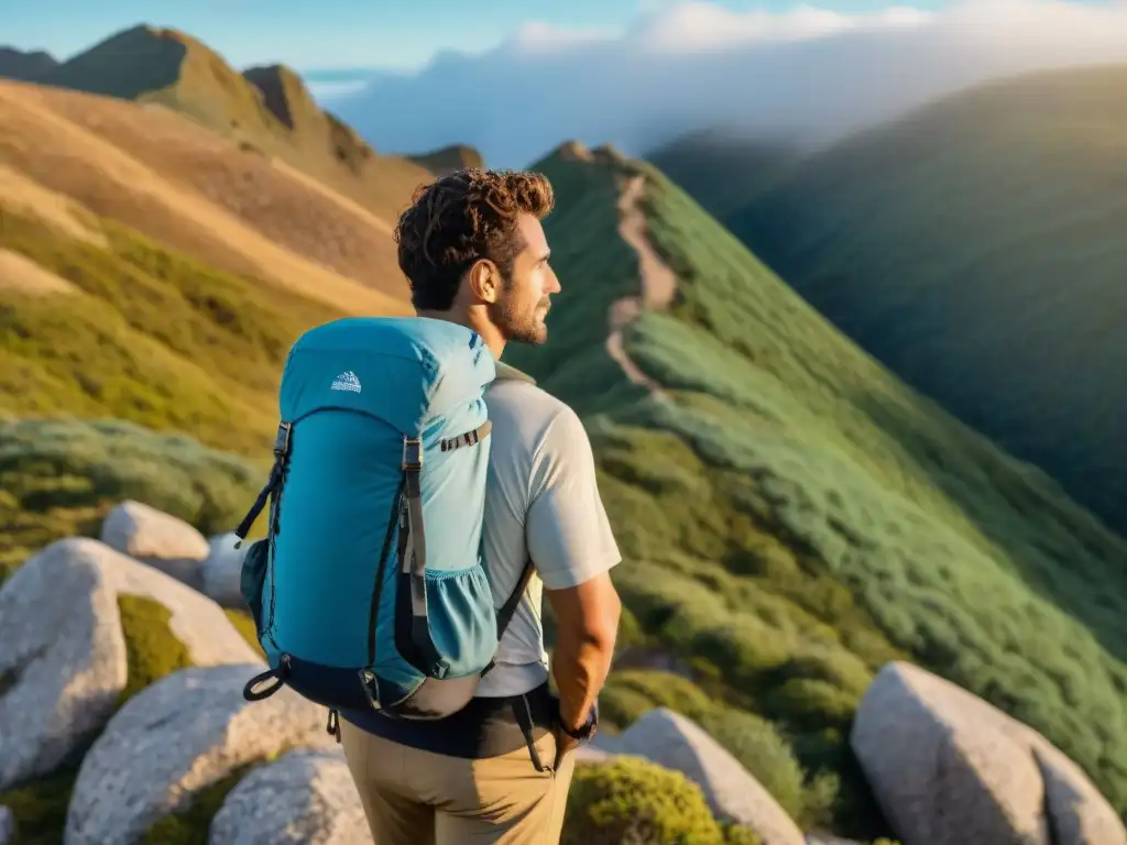 Un excursionista con la mejor mochila técnica de soporte lumbar, en un paisaje desafiante de Uruguay