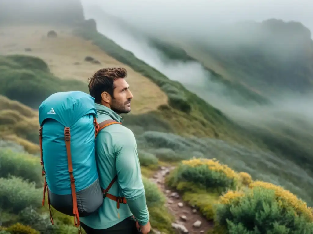 Un excursionista ajusta su mochila en un sendero de Uruguay, rodeado de vegetación exuberante y niebla