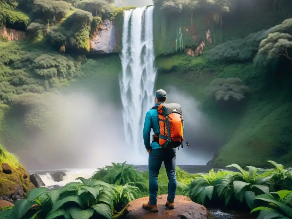 Un excursionista con mochila técnica en la base de una cascada en la exuberante vegetación de Uruguay