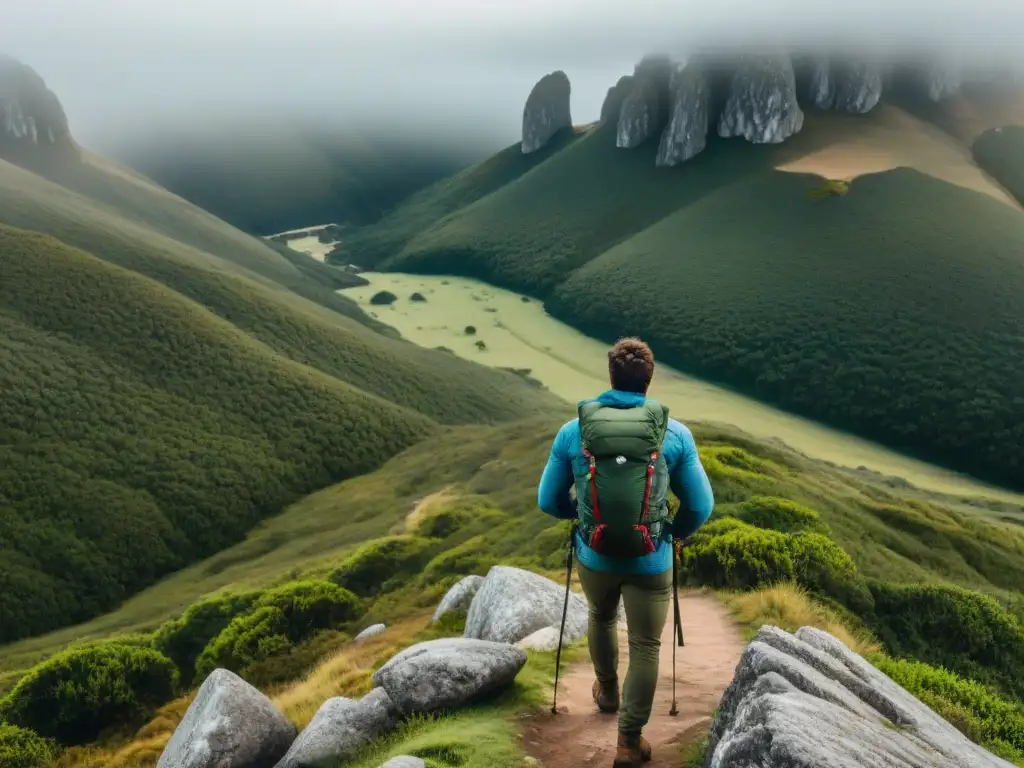 Un excursionista en Uruguay con una mochila técnica de camping, explorando terreno montañoso