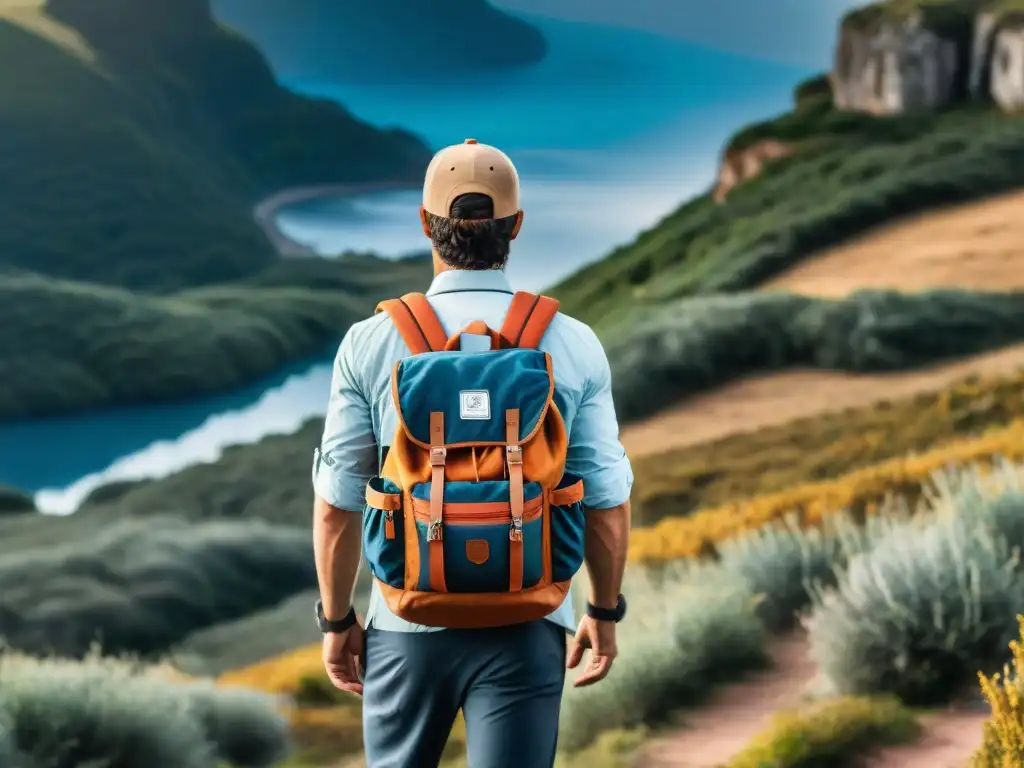 Un excursionista ajustando su mochila técnica para camping en Uruguay, rodeado de un paisaje exuberante y cielo azul claro